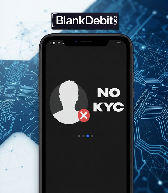 A phone screen highlighting the 'NO KYC' feature of the virtual card